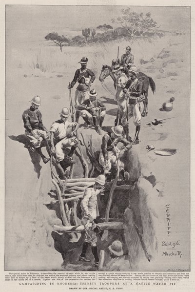 Campaña en Rodesia, soldados sedientos en un pozo de agua nativo de Charles Edwin Fripp